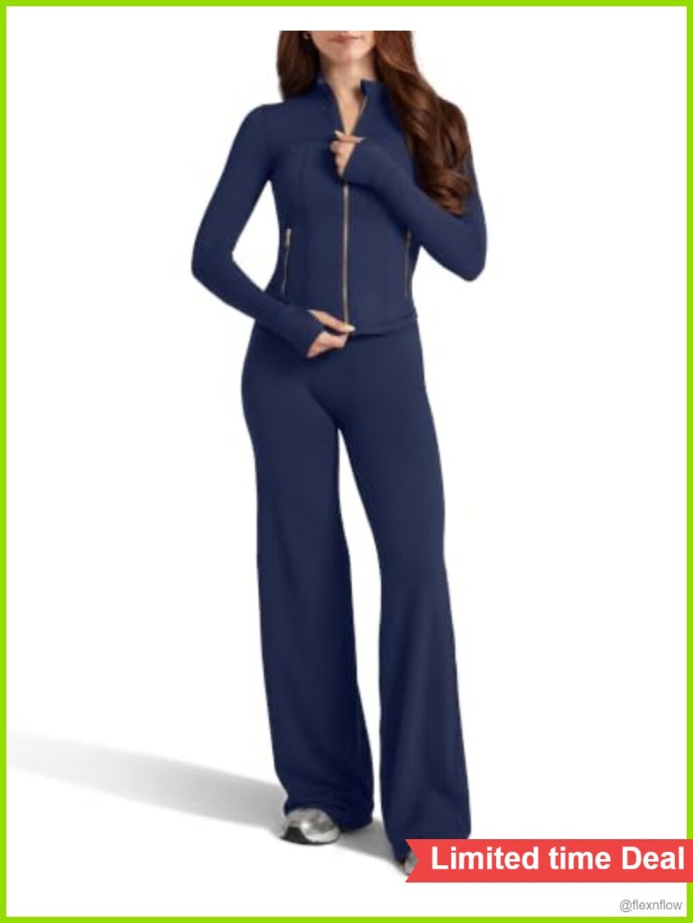 Women 2 Piece Workout Set Zip Jacket Flare Leggings Nylon Elastane
